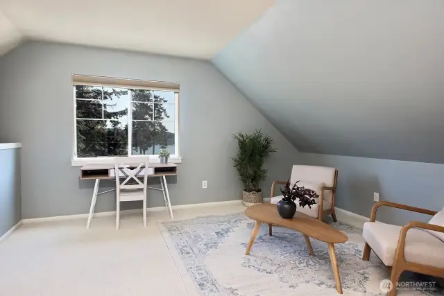 This is the loft office/sitting area which could also live as a bedroom. It is open to the living room (see left edge of photo) and is enclosed with a door (to your back) and is across the hall from the 2nd bedroom.