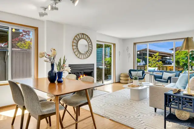 The living room flows out onto a large patio, perfect for entertaining and sunset gazing. Outdoor areas additionally offers a large storage shed and a small side yard for your furry friends!