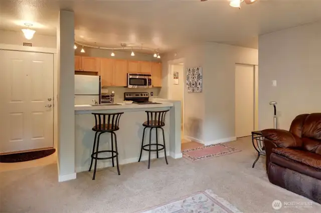 Open floor plan looking into the bright kitchen