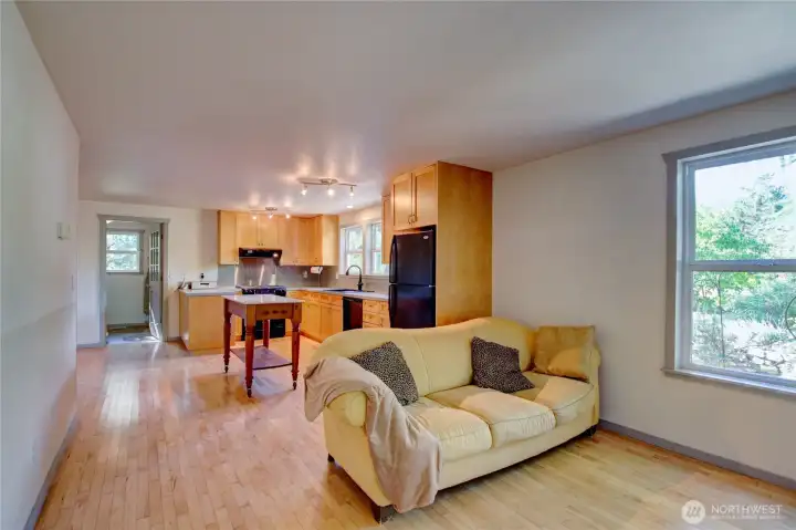 Looking from the living area to the kitchen area.