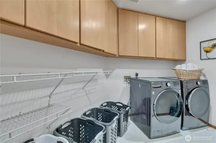 Large main floor laundry room with many built-in cabinets