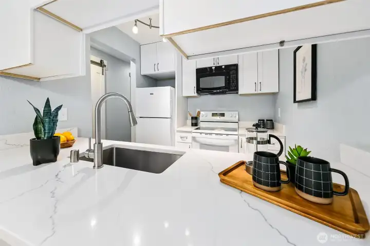 Large stone counters and updated fixtures.