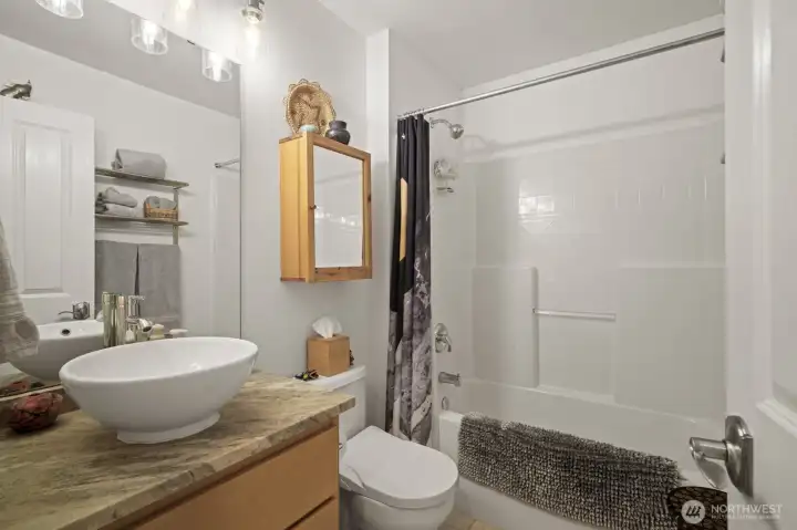 Hall bathroom with tub/shower combo and updated vanity.