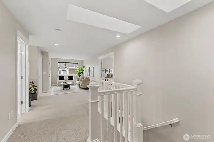 Upstairs loft area with skylights and sitting area.