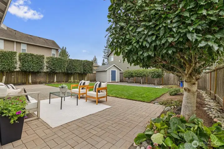 Fully fenced backyard with spacious patio for entertaining, wiring for hot tub, and a finished storage shed, perfect for outdoor living in the Pacific Northwest.
