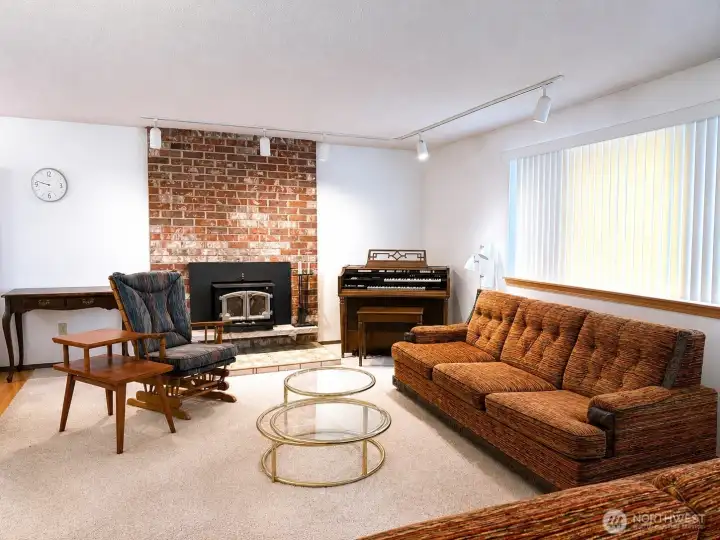 Large living room with wood stove