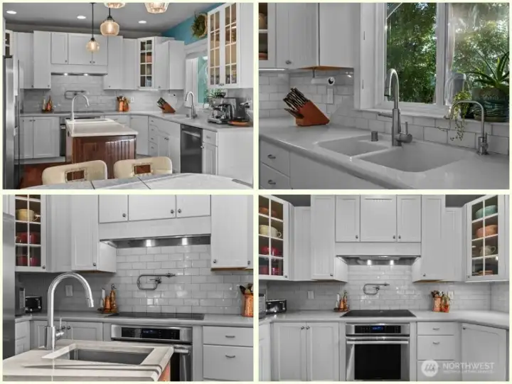 Pot filler, ample storage, Corian counters, fresh tile backsplash, Pot filler, ample storage, Corian counters, fresh tile backsplash,