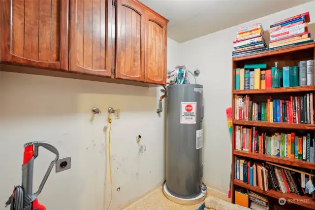 Large utility room across from bedrooms contains w/d hookups, water heater, and plenty of extra storage