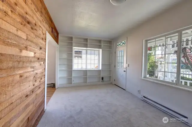 Light and bright living room with built-ins.