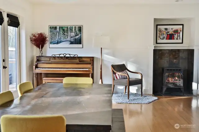 A quick glimpse back at the fireplace and french doors. Your back is to the kitchen.