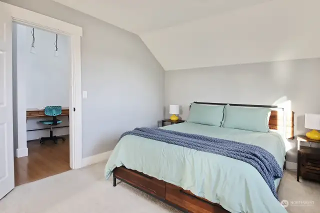 We are now in the second bedroom ensuite located right at the top of the stairs (note the fun light fixtures out in the flex room).