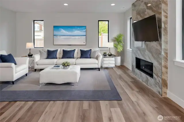 Massive living room (Different unit, floor plan, & color scheme digitally staged)