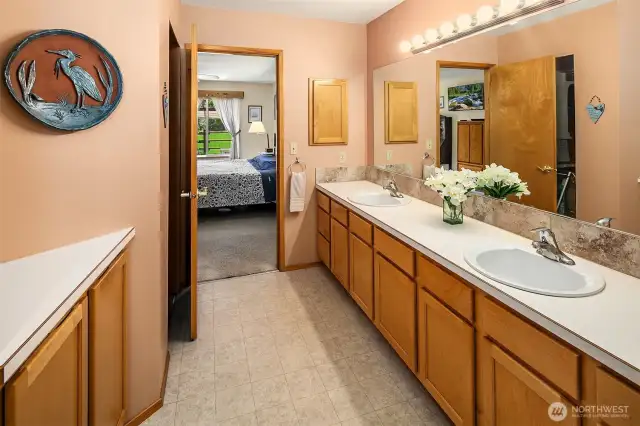 Enormous primary bath off bedroom. Dual vanity sinks, extra cabinet space, huge walk in shower and jetted tub.