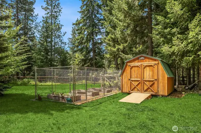 Garden shed and fenced in raised garden space for all your fruits and veggies