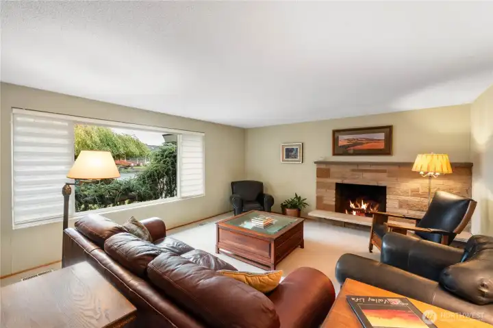 wood burning fireplace and large windows