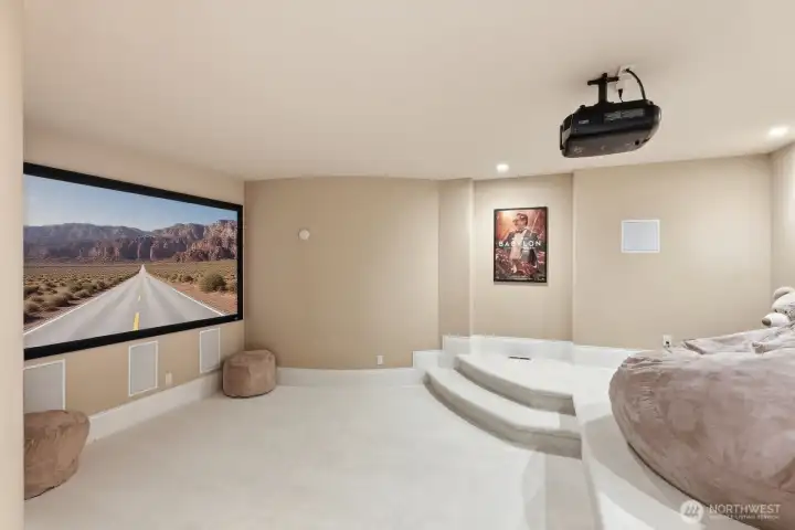 Dedicated media room with 110-inch screen and newer projector.