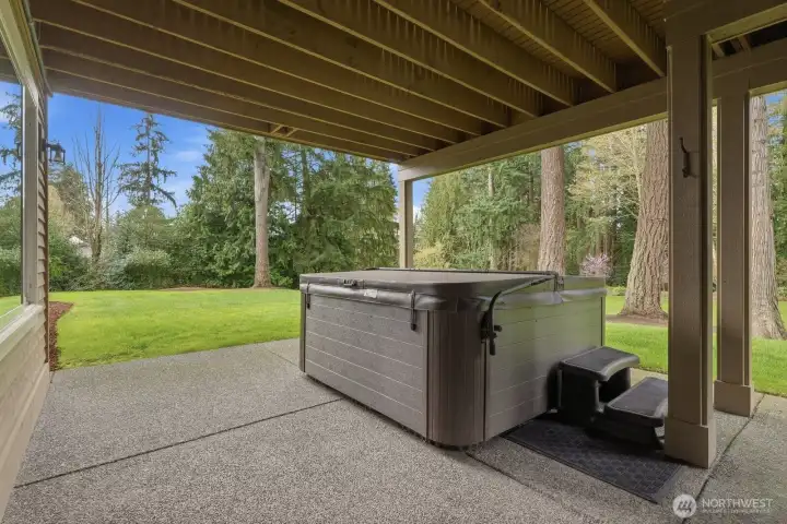 Hot tub on the patio off the rec room downstairs.