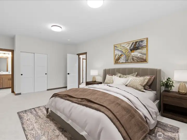 One of two bedrooms sharing a Jack and Jill Bathroom. Each room has a sink with tub/shower and toilet area shared, but private. Virtually staged.