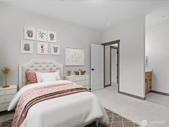 Bedroom connected to Jack and Jill Bathroom. Virtually staged.