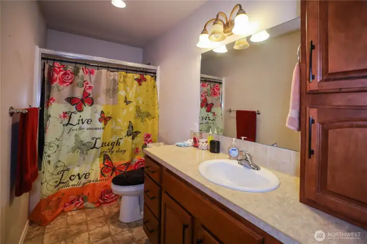 Large bathroom with bathtub, shower combo, great storage space in here too.