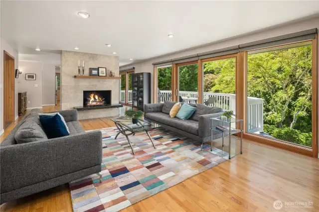 Looking out the living room to lush greenery in back yard