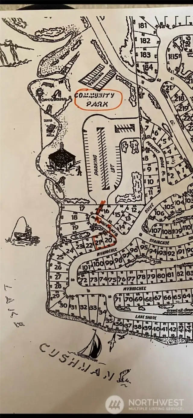 lot plat red highlighted with highlighted red trail to the beach/community area