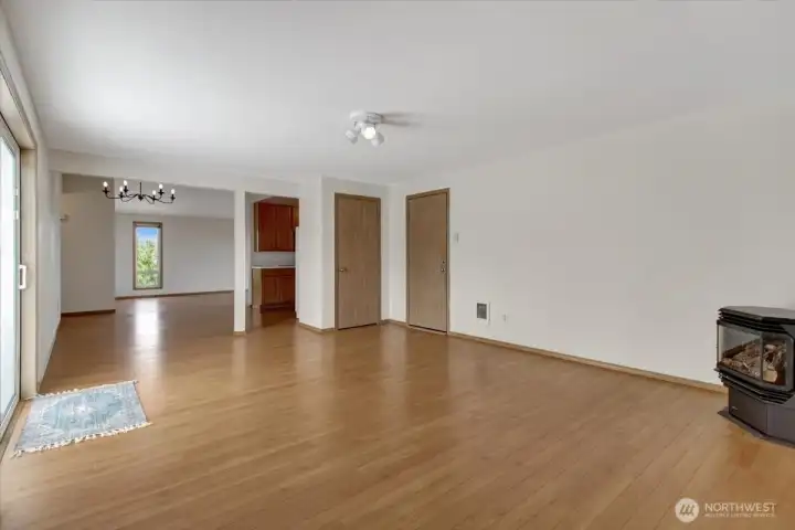 View of the family room back to the dining area.