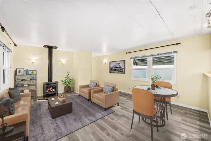 Virtually staged living and dining areas.