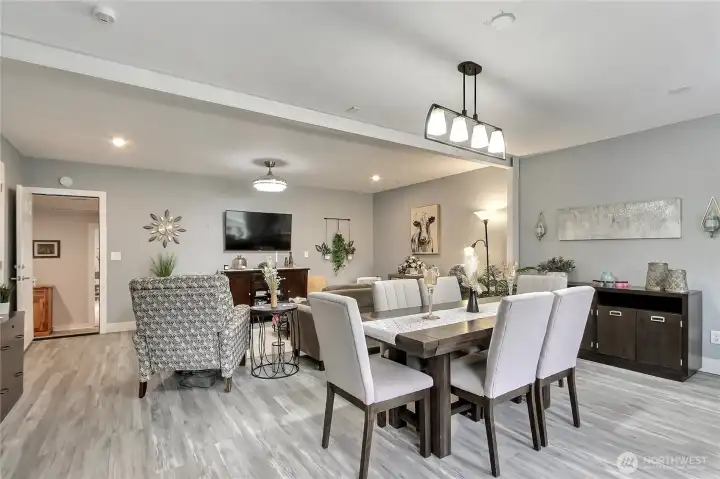 View of dining and living areas from the guest house entry, open concept and straight ahead is an additional bonus area and bedroom.