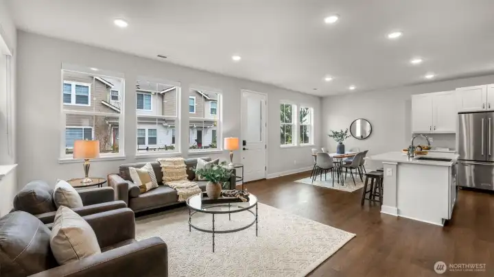 Great room flows seamlessly into kitchen and dining space for ease of entertaining