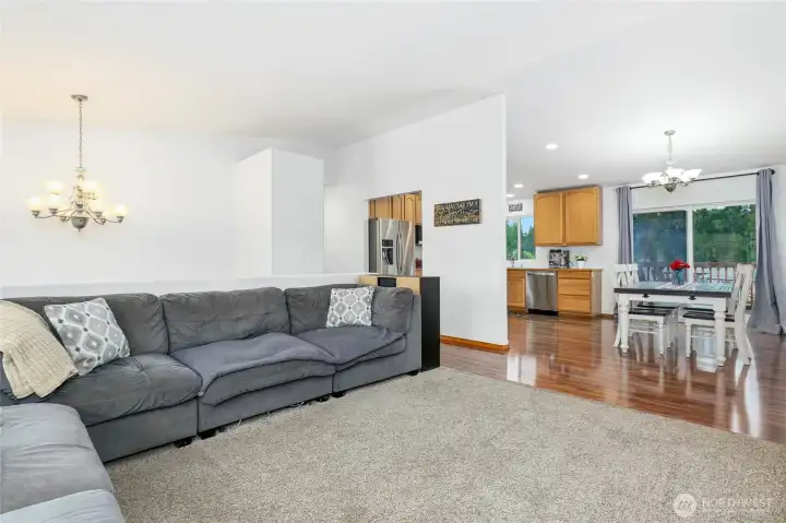 Just a few steps up to your main living space and an open living room dining room and kitchen.