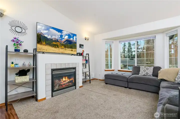 Cozy living space warmed by the gas fireplace. Beautiful big windows keep it light and bright. Brand new blinds throughout the home.