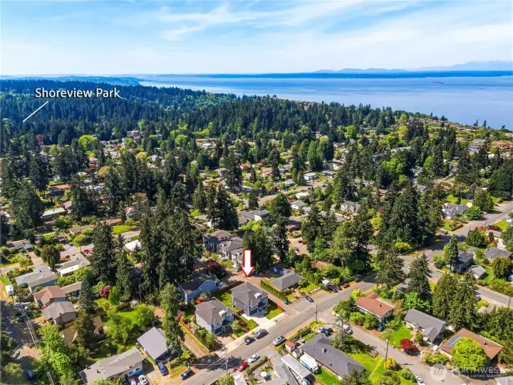 An aerial view looking to the south-west. Shoreview park in the background.