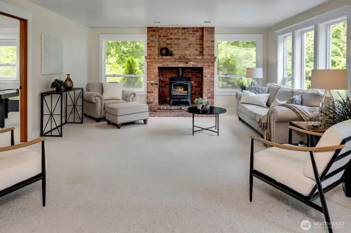 Wood burning fireplace provides cozy comfort in the cooler months.