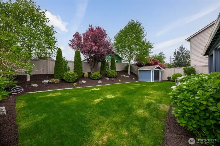Dream yard with oversized patio, lush landscaping, mature trees, sprinker system and uplighting