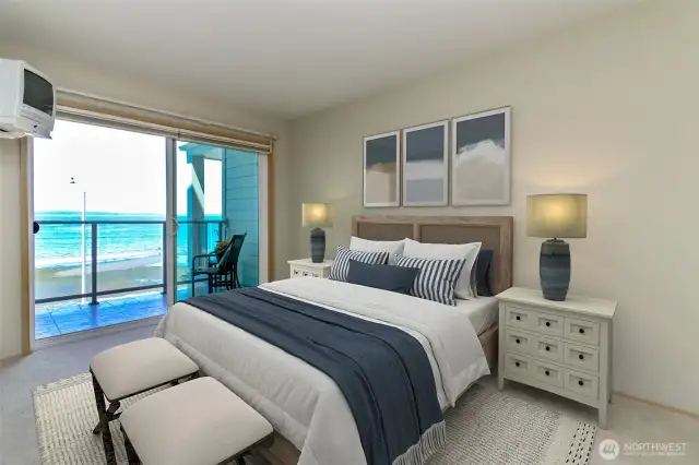 Virtually staged primary bedroom with view!
