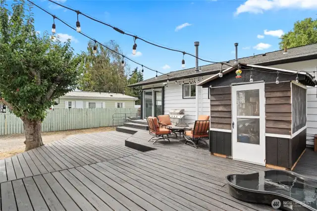 The back deck hosts a greenhouse that is currently used as a "Catio" with a pet door access from the main bedroom. There is also a dog pool set into the deck.