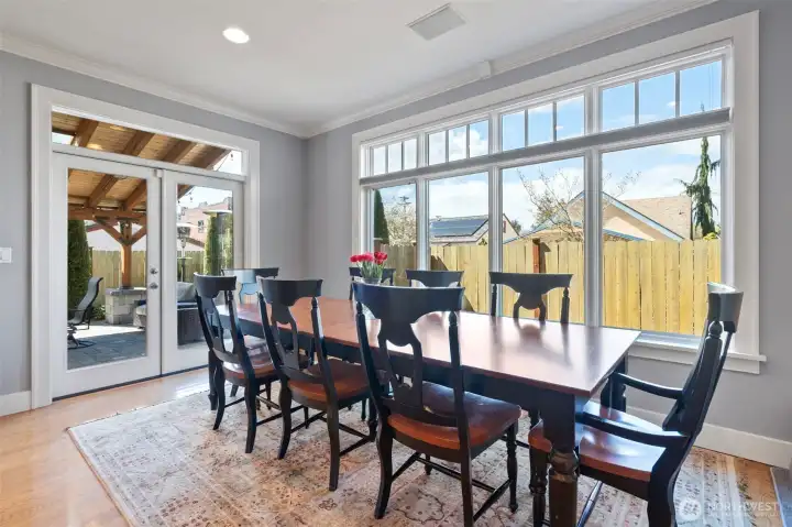 Generous proportions easily accommodate an oversized dining table for large gatherings.