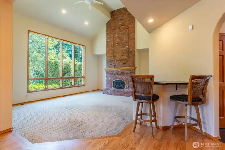 Built in bar area with stools. Built in bar area with stools.