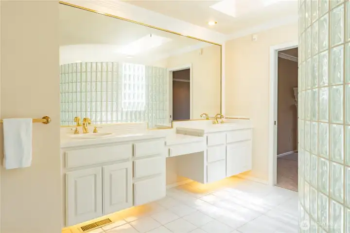 5 pc primary ensuite bathroom has under cabinet lights for seeing at night. 5 pc primary ensuite bathroom has under cabinet lights for seeing at night.