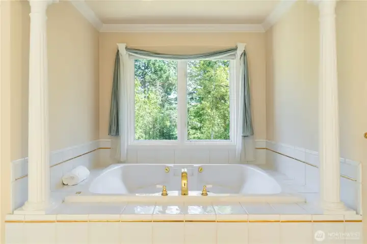 Enjoy your relaxing spa soak in this huge jetted tub while overlooking your private backyard. Enjoy your relaxing spa soak in this huge jetted tub while overlooking your private backyard.