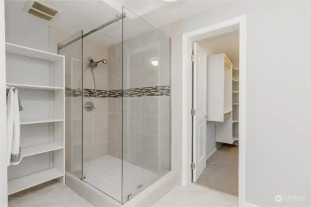 Another view of walk-in shower and storage on left