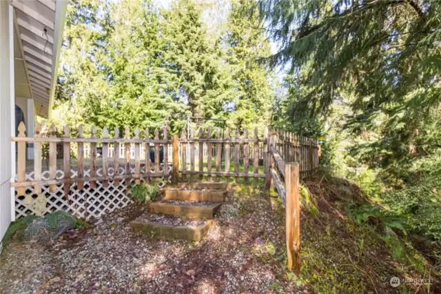 Back yard with access to walking adventures through rest of rugged property including a pond