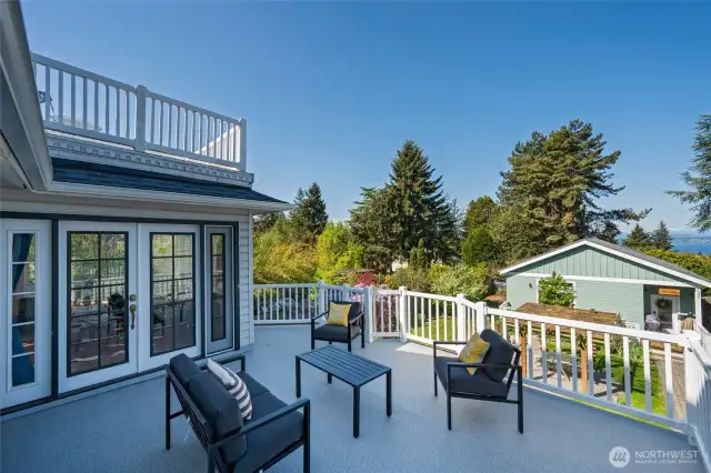 The main deck has views out to the Olympic Mtns and Salish Sea