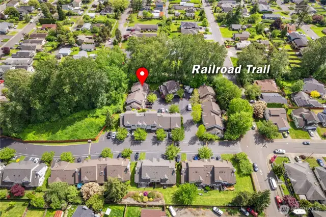 Tucked away, with railroad trail steps away