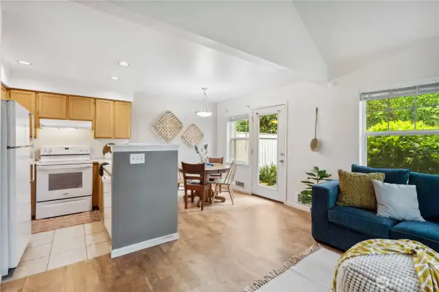 Open concept kitchen, living and dining make great use of the space