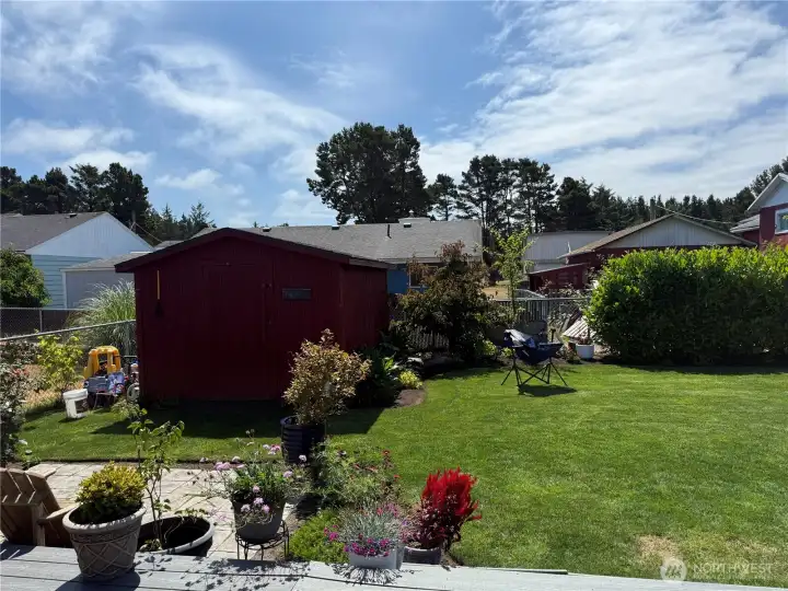 Storage shed and the greenest lawn in the neighborhood!