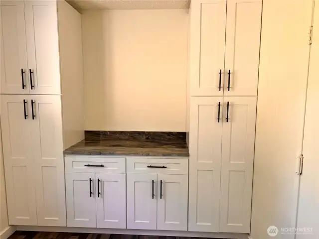 Walk in pantry located in laundry room with built in cabinets