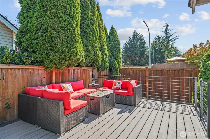 Backyard low-maintenance composite raised deck with pretty metal railings.