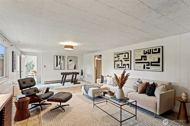 Another view of the rec room. Door to the backyard patio.